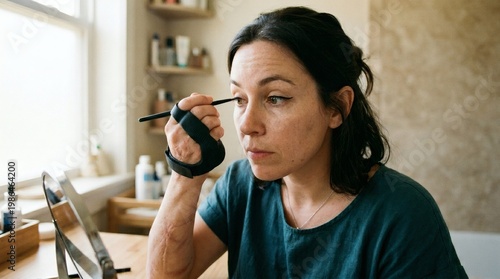 Woman applying eye makeup with a brush in a bathroom dark hair green shirt