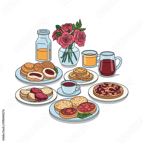 Illustration of a brunch table setting featuring a vase of pink roses, carafes of orange juice and tea, and plates of pastries, cookies, and fruit tarts on a white background.