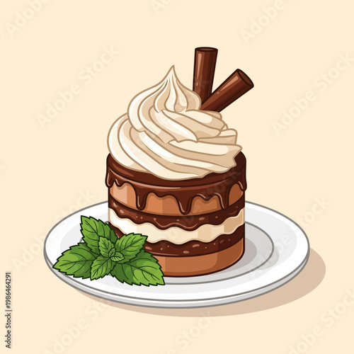 Vector illustration of a mini chocolate layer cake featuring creamy white filling, whipped cream swirl topping, chocolate ganache drip, two wafer sticks, and green mint leaves.
