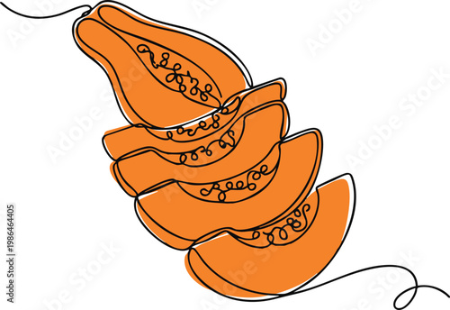 Continuous one-line drawing of orange papaya slices stacked in a cascading curve, flat orange color