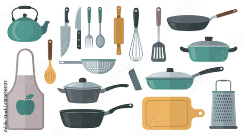Assorted kitchen utensils and cookware set displayed together Vector