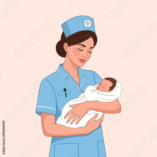 Flat vector illustration of a professional midwife or nurse in a blue uniform and cap holding a newborn baby swaddled in a white blanket against a soft pink background.