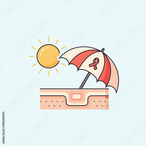 Vector illustration representing melanoma awareness featuring a sun, a striped umbrella with a red ribbon symbol, and a cross-section of human skin layers showing sun protection.