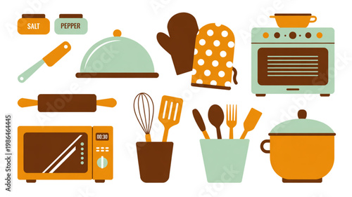 Assorted kitchen utensils and baking tools arranged on a surface Vector