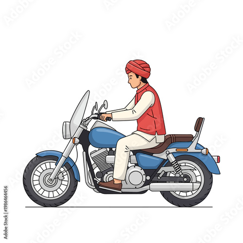 Illustration of an Indian man in a red turban and ethnic waistcoat riding a blue cruiser motorcycle with chrome details and a windshield, isolated on white background.