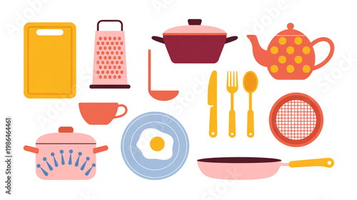 Colorful assortment of kitchenware and breakfast items illustrated in a flat style Vector