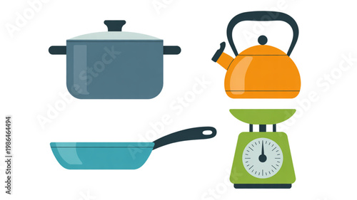 Set of kitchen cookware including pot, pan, and portable stove Vector