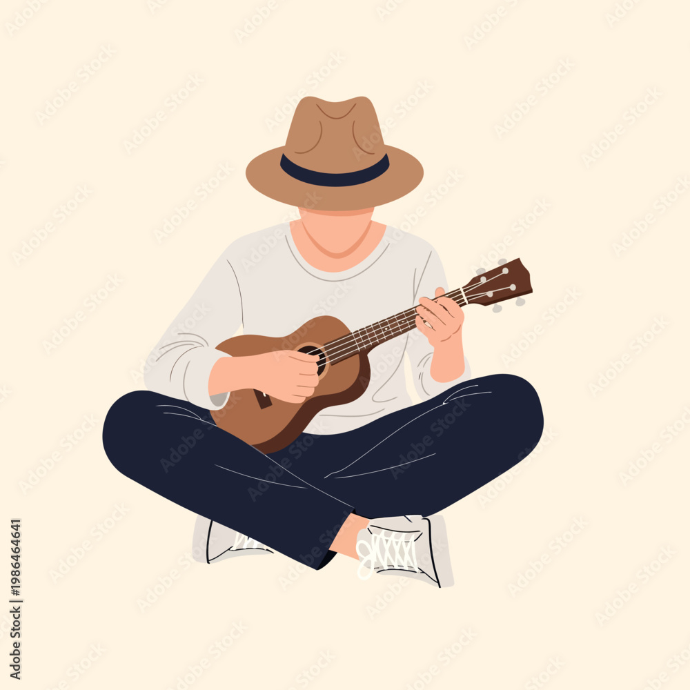Obraz premium Minimalist flat vector illustration of a faceless person wearing a brown fedora and white shirt, sitting cross-legged while playing an acoustic ukulele on a neutral background.