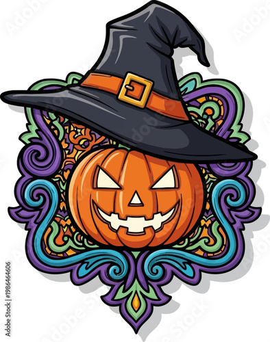 Halloween pumpkin wearing witch hat.