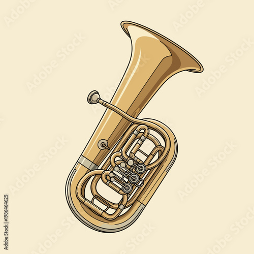 A detailed vector illustration of a golden brass tuba musical instrument featuring a wide bell, intricate valve pipes, and a mouthpiece, isolated on a plain neutral background.