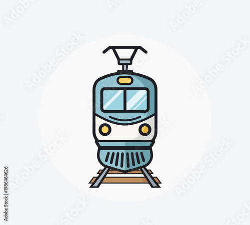 Modern electric commuter train illustration in flat vector style, front view of a blue and white locomotive engine on railway tracks with pantograph, headlights, and windows.