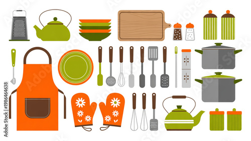 Assorted kitchen cooking tools and utensils displayed together Vector