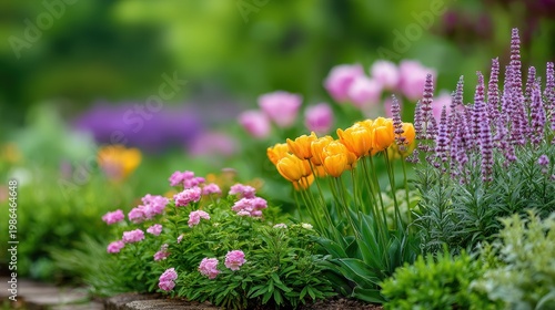 Colorful spring garden with vibrant tulips and lavender flowers in bloom