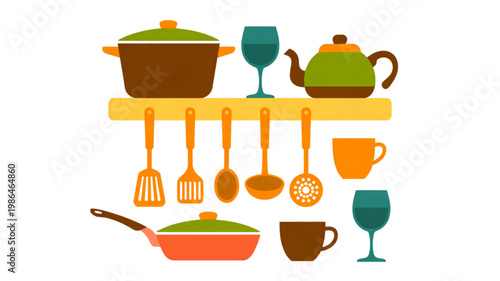 Colorful assortment of kitchen utensils and cookware displayed on wooden shelves Vector