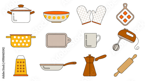 Assorted kitchen utensils and tools displayed in a row Vector