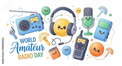 A whimsical vector illustration celebrates World Amateur Radio Day, showcasing an array of vintage and modern radio equipment with cartoon-like faces, conveying global communication