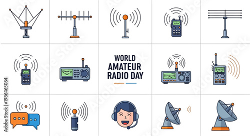 A set of amateur radio illustrations showcases different antenna signal transmission methods and radio operator equipment to symbolize global communication concepts for World Amateur Radio