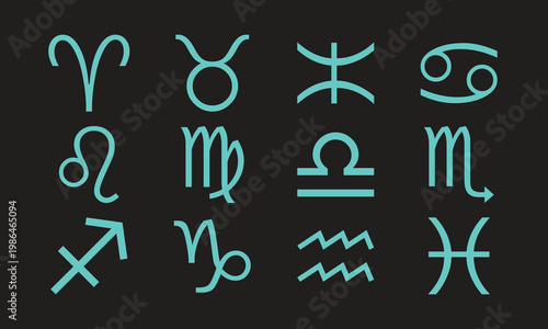 Twelve zodiac signs symbols set in turquoise color on dark background vector illustration