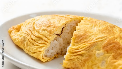 Classic Japanese omelet rice dish with detailed egg texture and rice inside