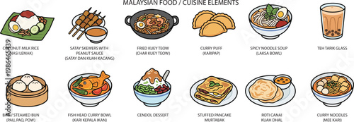 Malaysian Food Cuisine Street Food, Illustration Doodle Cartoon Collection