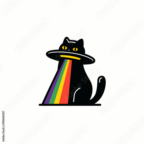 Cute cartoon black cat wearing a UFO on its head and spitting rainbow colors like a laser beam, perfect for graphic design and whimsical art