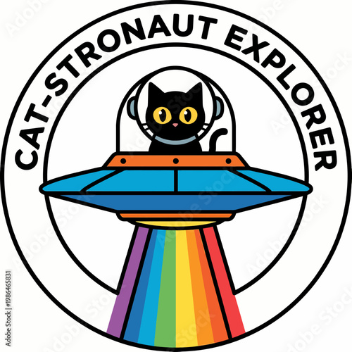 Adorable cat astronaut piloting a whimsical flying saucer, embarking on a cosmic adventure with a vibrant rainbow propulsion beam