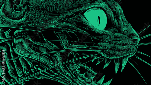 Mesmerizing illustration of an intricate, dark feline creature with a piercing green eye and menacing teeth, capturing a mysterious and powerful predatory essence