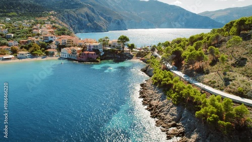 Scenic view of Assos village and summer coast in Kefalonia Greece from above