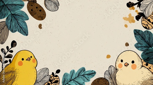 Charming illustration of birds framed by vibrant leaves, perfect for nature-themed projects.