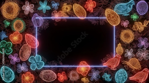 Colorful neon frame adorned with flowers and decorative eggs, perfect for festive designs.