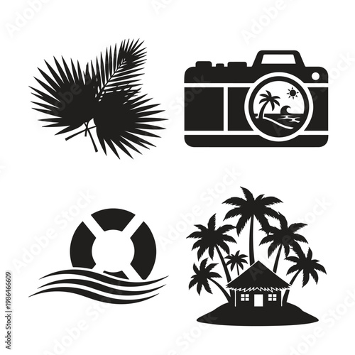 Collection of tropical vacation and photography icons with palm fronds camera lifebuoy island hut, collection