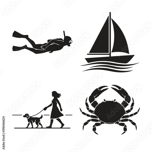 Outdoor and water activities icons with scuba diver sailboat dog walker crab for recreation, underwater