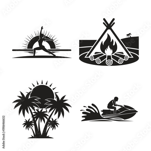 Outdoor leisure activities and summer vacation icons set including yoga campfire palm trees jet ski