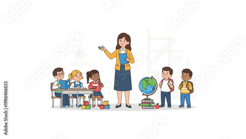 Teacher standing with students in classroom.