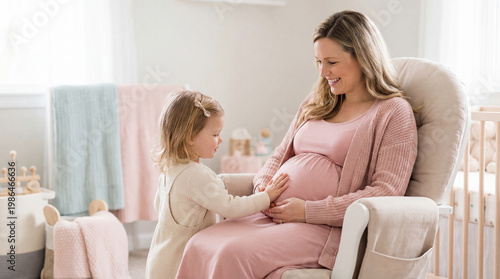 Mother's Day pregnant woman with toddler daughter in nursery touching belly showing sibling anticipation preparation for parenting lifestyle magazine editorial