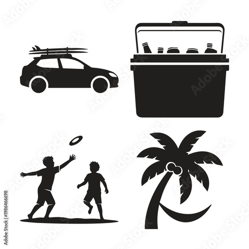 Summer vacation and beach icons with car cooler frisbee players palm tree for outdoor fun surfboard coconuts