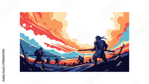 Warrior standing on a hill top.