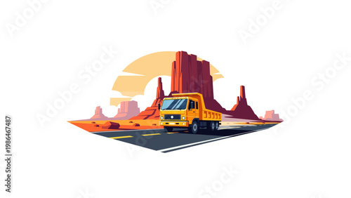 Yellow Truck on Desert Roadway.