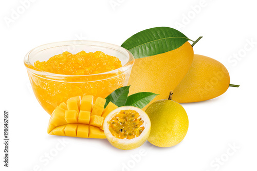 Fresh Mango and Passion Fruit with Mango Jam in Glass Bowl on White Background. healthy food and summer concepts.