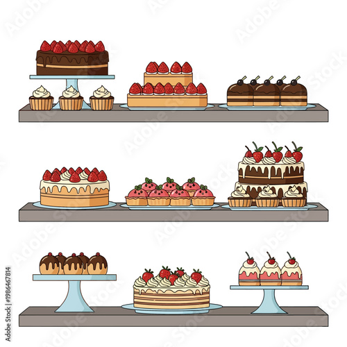 Vector illustration of three shop shelves displaying various desserts, including chocolate cakes topped with strawberries, vanilla cupcakes, fruit tarts, and layered cream pastries.