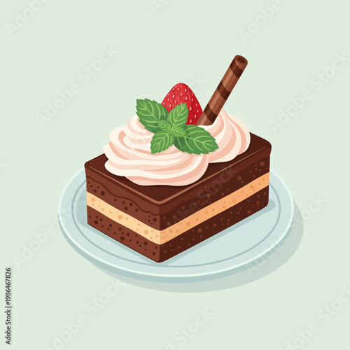 Vector illustration of a rectangular chocolate layer cake slice with cream filling, topped with a whipped cream swirl, fresh mint leaves, a red strawberry, and a chocolate wafer roll.