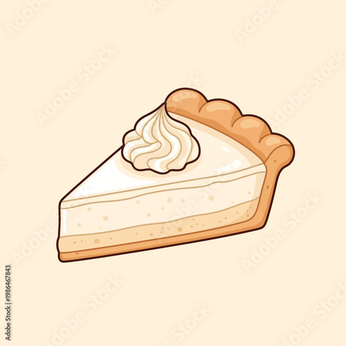 Vector illustration of a slice of coconut cream pie with a whipped cream swirl, golden pastry crust, and smooth custard filling, isolated on a light cream-colored background.
