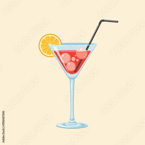 Vector illustration of a red cosmopolitan cocktail served in a classic martini glass with a stem, garnished with an orange slice and a black straw on a neutral cream background.