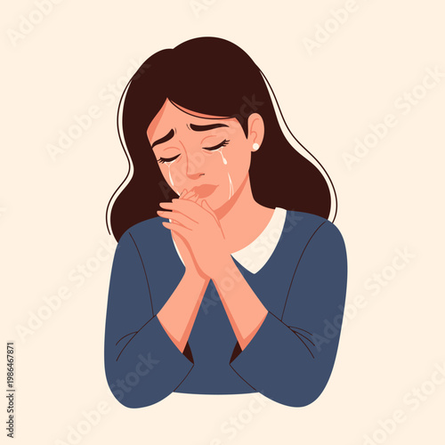 Vector illustration of a sorrowful woman with long dark hair and closed eyes crying with visible tears on her face, hands clasped together in grief, wearing a blue collared shirt.