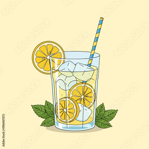 Vector illustration of a clear glass filled with cold lemonade, ice cubes, and lemon slices, featuring a blue and yellow striped straw and green mint leaves on a yellow background.