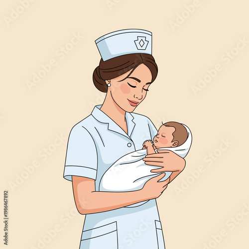 Vector illustration of a female midwife or nurse in a professional white uniform and cap holding a sleeping newborn baby wrapped in a white swaddle blanket on a plain background.