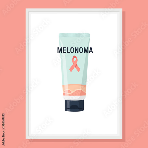 Vector illustration of a sunscreen tube featuring a pink awareness ribbon and melanoma text, displayed in a white frame on a coral background for skin cancer prevention education.
