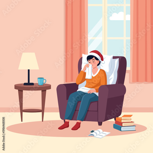 Flat vector illustration of a person wearing a Santa hat sitting in a purple armchair while sick, blowing their nose with a tissue, interior with lamp, table, and books.