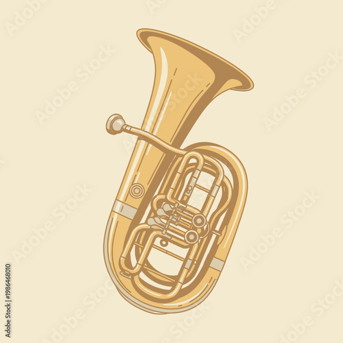 Golden tuba brass instrument illustration featuring detailed valves, mouthpiece, and a wide bell. Factual vector artwork of an orchestral wind instrument on a light neutral background.