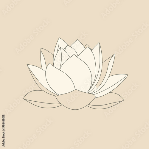 Minimalist white lotus flower vector illustration with thin black outlines and pale green base petals, centered on a neutral cream background, clean floral graphic design.